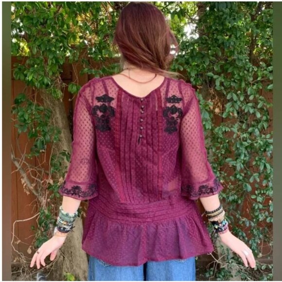 Free People jocelyn burgundy swiss dot lace mesh long sleeve top - Picture 4 of 11
